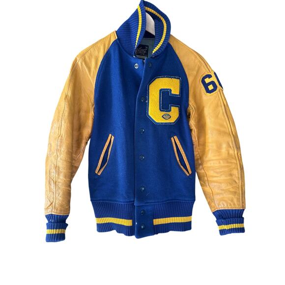 Vintage 1950s 60s Whiting LA Leather Snap Letterman Varsity Jacket Blue Yellow C - Picture 1 of 12